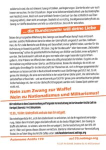 Digitale Version eines Flugblatts der Autonomen Antifa 170 gegen die Wehrpflicht. Zu sehen ist die Vorderseite. Über der Überschrift eine Darstellung von zwei Händen, die ein Gewehr zerbrechen. Darunter die Überschrift: "Wir lassen uns nicht an die Waffe zwingen!" Der gesamte Text findet sich im Beitrag, er übersteigt das Zeichenlimit der Bildbeschreibung.
