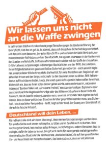 Digitale Version eines Flugblatts der Autonomen Antifa 170 gegen die Wehrpflicht. Zu sehen ist die Vorderseite. Über der Überschrift eine Darstellung von zwei Händen, die ein Gewehr zerbrechen. Darunter die Überschrift: "Wir lassen uns nicht an die Waffe zwingen!" Der gesamte Text findet sich im Beitrag, er übersteigt das Zeichenlimit der Bildbeschreibung.